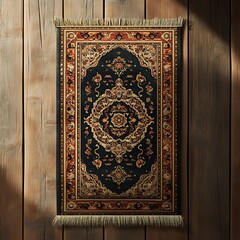 Antique Rug: Exquisite Design, Rich Colors, Intricate Detailing, Wooden Background