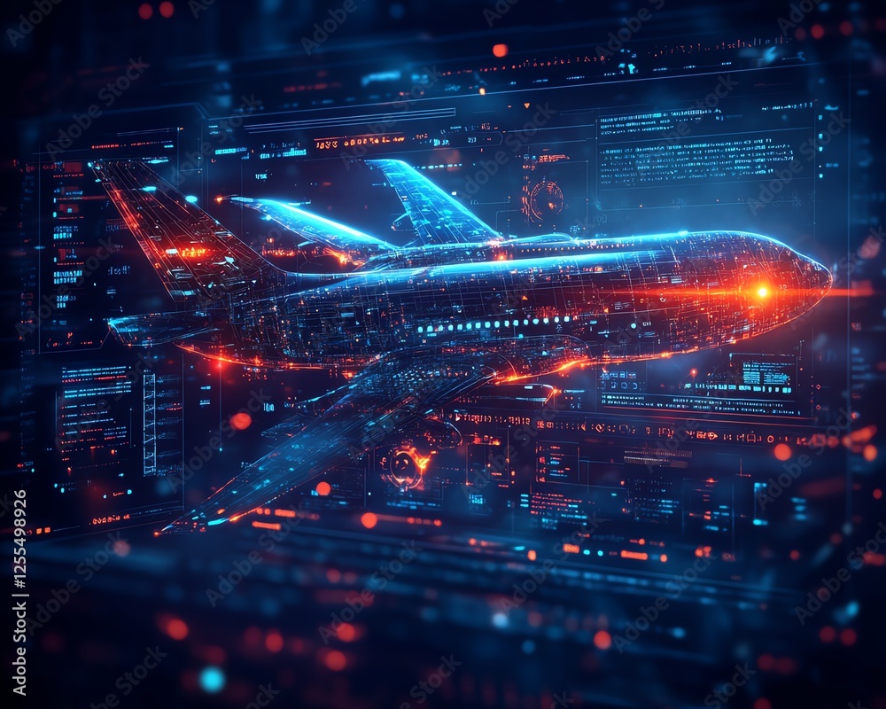 Aufkleber Futuristic interface in the middle of the image with an airplane, abstract aeronautics design, digital aerospace theme