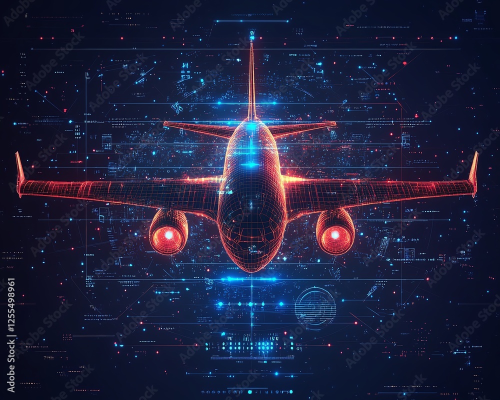 Aufkleber futuristic interface in the middle of the image with an airplane, abstract aeronautics design, digit