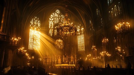 Fototapeta premium Sunbeams illuminate ornate church interior, peaceful worship, gothic architecture