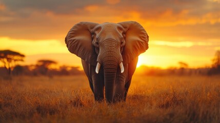 Obraz premium A majestic elephant stands tall against a breathtaking sunset backdrop, showcasing the beauty of nature and wildlife in its natural habitat in the savannah.
