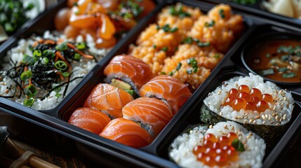 A Japanese bento box with sushi rolls, tempura, and miso soup, neat arrangement