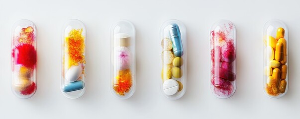 Colorful pills and capsules display with various contents