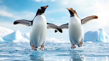 Obraz premium Two happy penguins are joyfully swimming in the ocean, showcasing their playful nature against a backdrop of icy blue waters and floating icebergs.