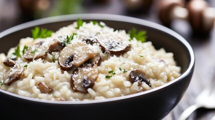 Close-up of a bowl of risotto with mushrooms and parmesan cheese. Featuring creamy texture and rich flavors. Emphasizing a gourmet rice dish. Ideal for Italian recipes and fine dining content.