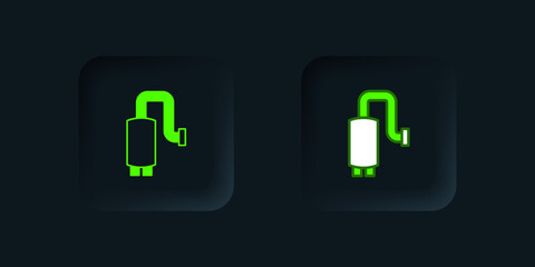 Green Car muffler icon isolated on black background. Exhaust pipe. Black square button. Vector