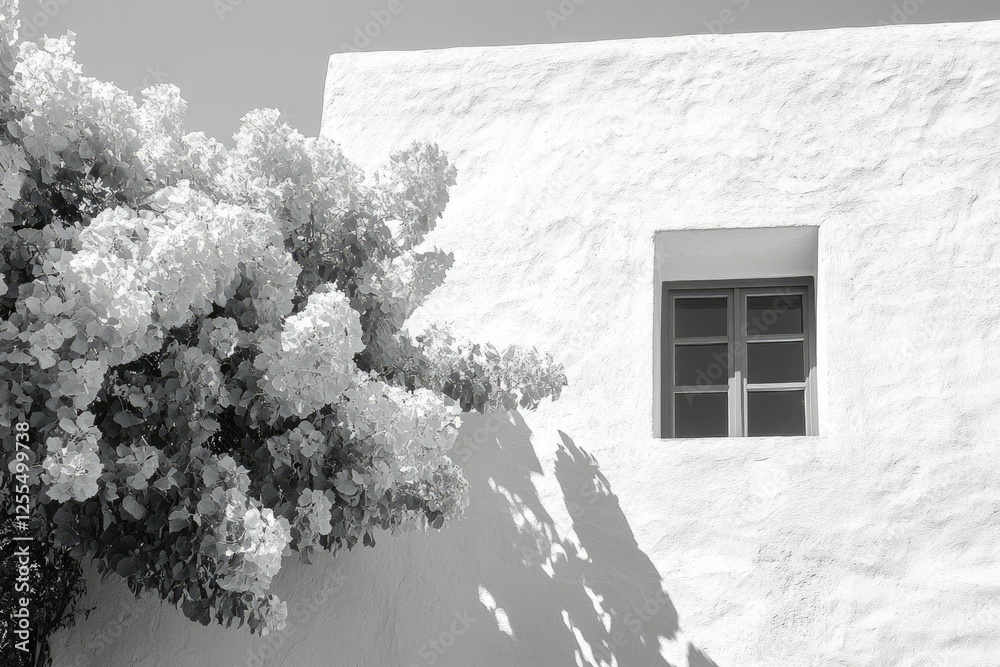 Poster A black and white photo of a flowering bush casting a shadow on a whitewashed building with a single window.