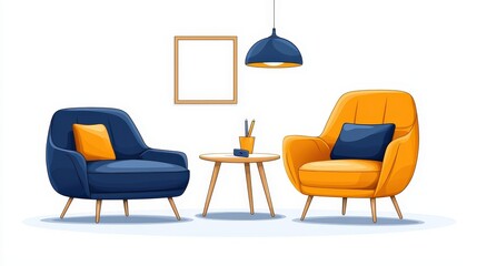 Fototapeta premium Cozy Living Room Design Featuring Modern Chairs and Stylish Decor Elements in Bright Colors