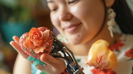 A young woman smiles while holding a heart shaped trinket in her prosthetic hand.