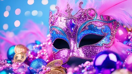 Vibrant carnival mask with colorful beads and glittering coins