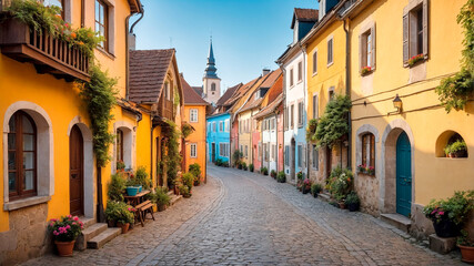 Obraz premium A Picturesque European Village with Cobblestone Streets and Charming Architecture
