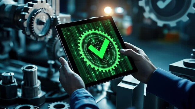 Industrial engineer using a digital tablet for quality control in a high tech factory, ensuring smooth and efficient automated production processes