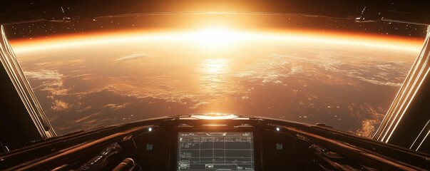 Spacecraft cockpit view of sunrise over earth horizon
