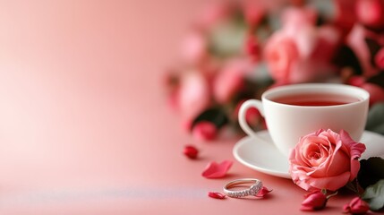 A beautiful arrangement combining a pink rose and a cup of tea on soft, neutral fabric, evoking feelings of love, serenity, and the warmth of shared moments together.