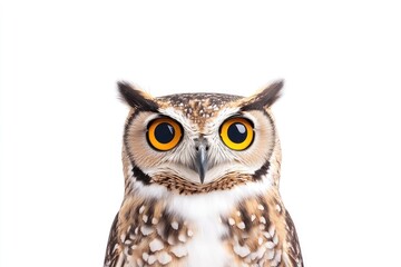 Obraz premium Majestic owl with striking orange eyes, showcasing its beauty against a white background