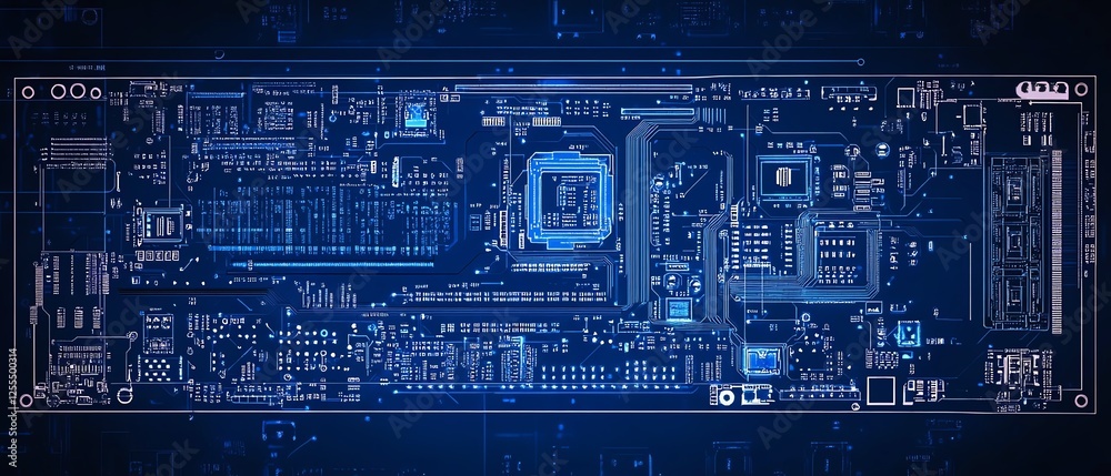 Poster minimalistic blueprint of a circuit board, dark blue background, digital artwork of modern tech syst