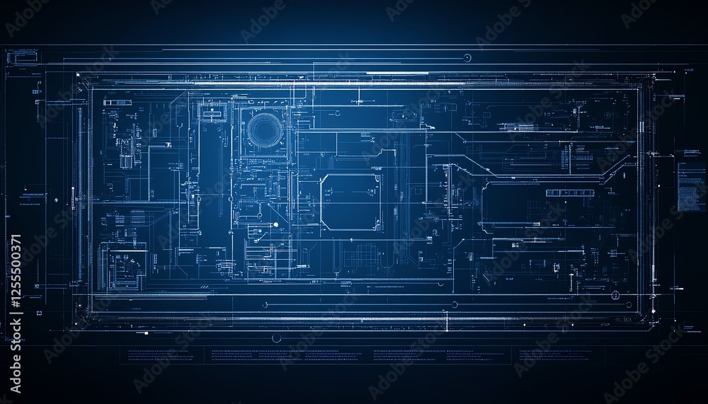 Poster minimalistic circuit board blueprint on a dark blue background, clean lines and modern technology de