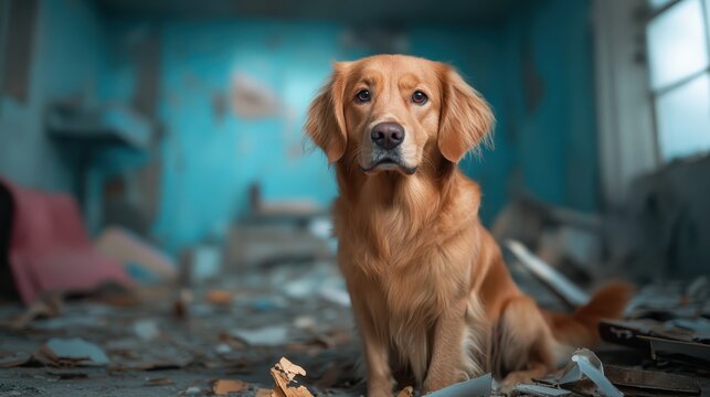 A golden retriever stares sadly from a ruined room, showcasing the emotional depth of pets and their ability to mirror feelings of neglect and loss.