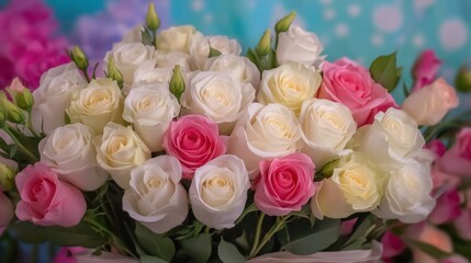 Elegant bouquet of pink and white roses against a soft blue background