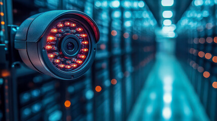 Modern security camera monitors server racks in data center with flashing red lights