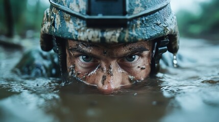A soldier struggles through muddy water during training, representing perseverance and strength in the face of adversity, embodying the spirit of military preparation.