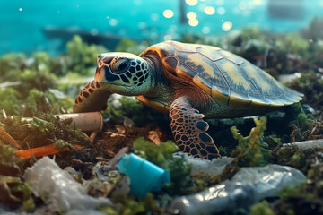 Sea turtle on the bottom of the sea polluted with human garbage