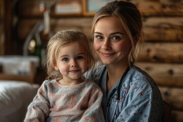 A young female doctor gently holds a toddler, creating a heartwarming scene of care and compassion.