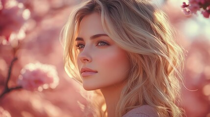Fototapeta premium Young woman with curly blonde hair stands amidst blooming sakura trees, embodying serenity and natural beauty