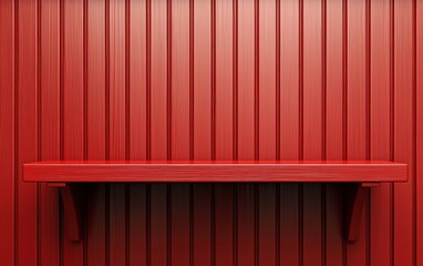 Minimalist red wooden shelf against a striped red wall, perfect for displaying items or enhancing interior decoration.