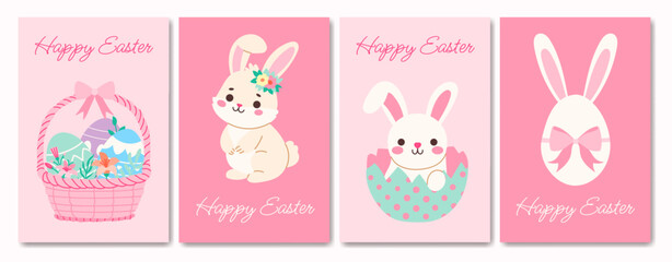 A set of four Easter cards featuring rabbits and eggs. The cards are pink and feature cute rabbit characters holding baskets of eggs. The cards are designed to bring joy