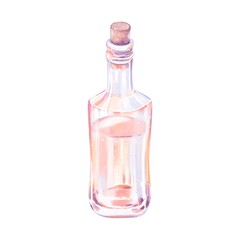 A Transparent Bottle With Gin, Alcoholic Driink, Pineapple, Watercolor Illustration On A White Background