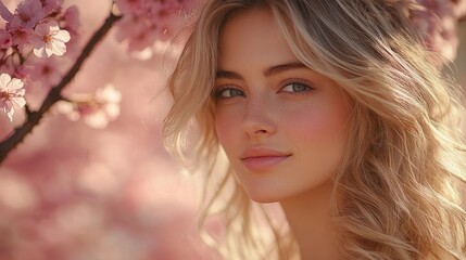 Fototapeta premium Young woman with curly blonde hair stands amidst blooming sakura trees, embodying serenity and natural beauty