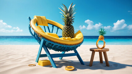Summer Beach Concept with Chair and Ring Floating in Crystal Clear Water