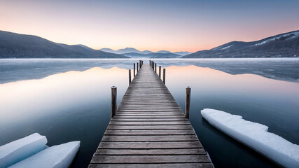 Symmetrical View of Jetty on a Frozen Lake with Hills in the Background