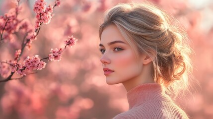 Naklejka premium Young woman with curly blonde hair stands amidst blooming sakura trees, embodying serenity and natural beauty