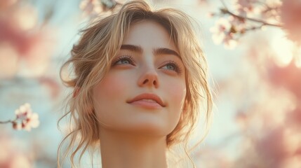 Fototapeta premium Young woman with curly blonde hair stands amidst blooming sakura trees, embodying serenity and natural beauty