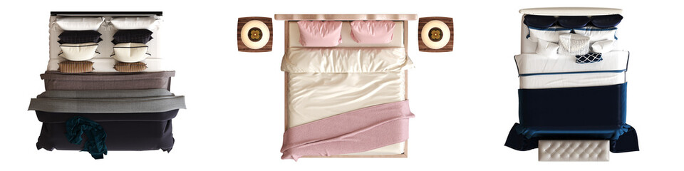 double bed isolated on a transparent background, furniture for the bedroom interior, 3D illustration, cg render
