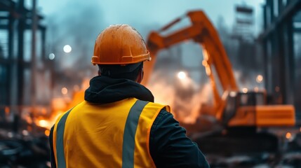 A worker in a reflective safety vest stands with their back to the viewer, observing heavy machinery in action at a construction site, showcasing the responsibility and vigilance required.