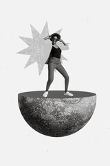 Vertical collage portrait of little positive black white gamma person stand half big moon dancing...