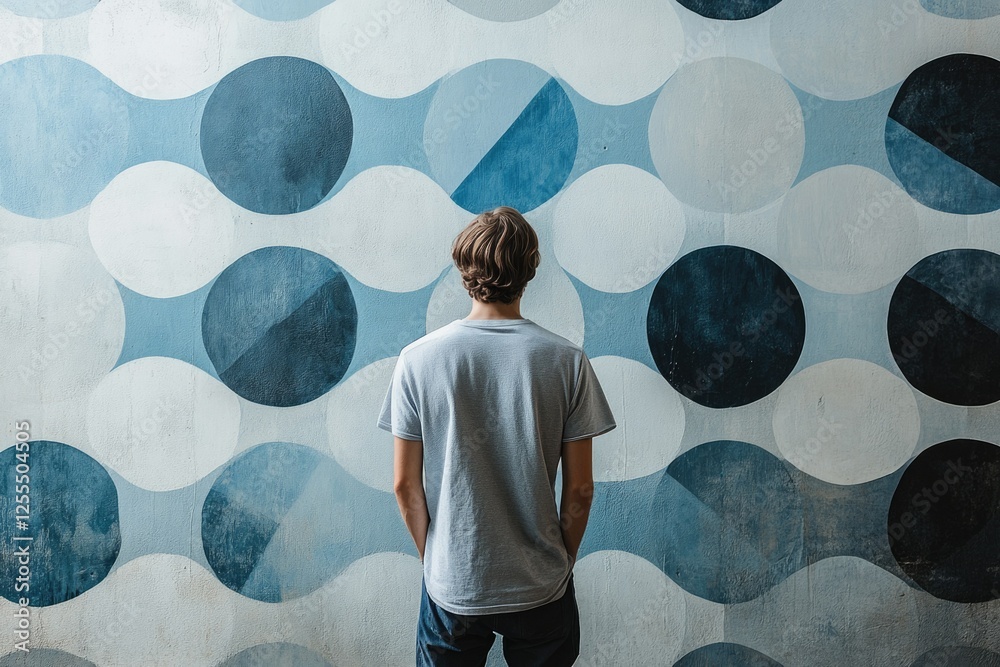 Poster a man stands before an abstract wall mural featuring a pattern of overlapping blue and white circles