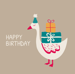 Happy birthday card. Goose with a presents. Silly birthday card. 
