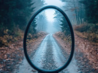 Misty Forest Road Reflected in Mirror: A Journey Through the Unknown