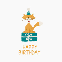 Happy birthday card. Cat sitting on a present with a celebration hat on. Funny animal, cat loving birthday card.
