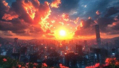 Obraz premium Dramatic Sunset Cityscape Sustainable Business Urban Bloom