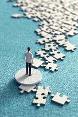 A person standing on a puzzle piece, contemplating the scattered pieces around them, symbolizing problem-solving and decision-making.