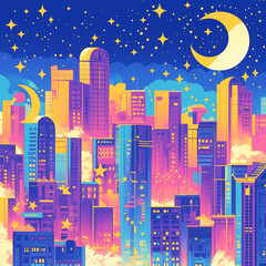 Naklejka premium サイバーパンクシティ｜ピンクとブルーが交差する夜の摩天楼。アイコンにも使える素材。1 into 1 Ratio Size,square size 1:1