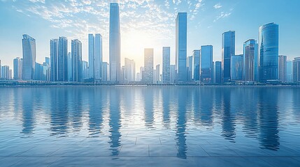 Fototapeta premium Cityscape sunrise, waterfront, reflections, modern architecture, urban development, business