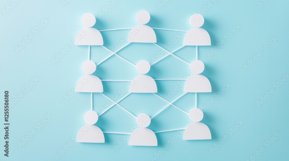 Poster a visual representation of social connections with abstract figures and lines on a blue background, 