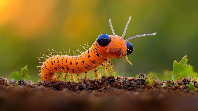 Close up of a bright orange and striped nightcrawler worm emerging from the soil at dusk against a soft backlit sunset environment