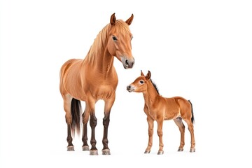Fototapeta premium A mare and her foal standing together in a bright, clean environment
